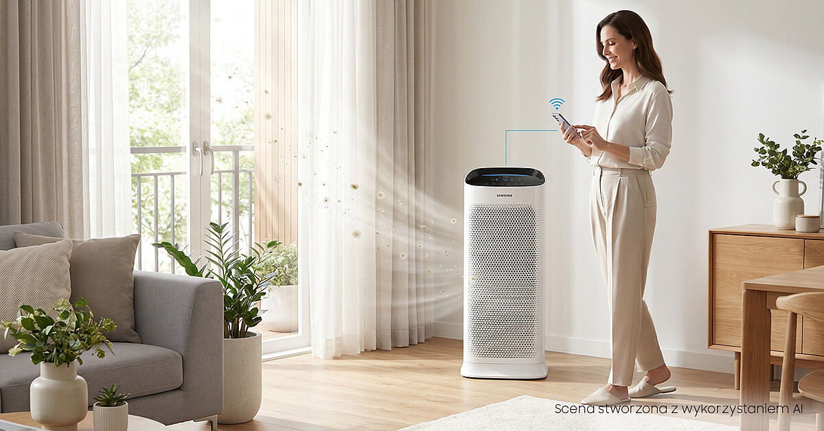Kobieta steruje oczyszczaczem powietrza za pomocą aplikacji SmartThings